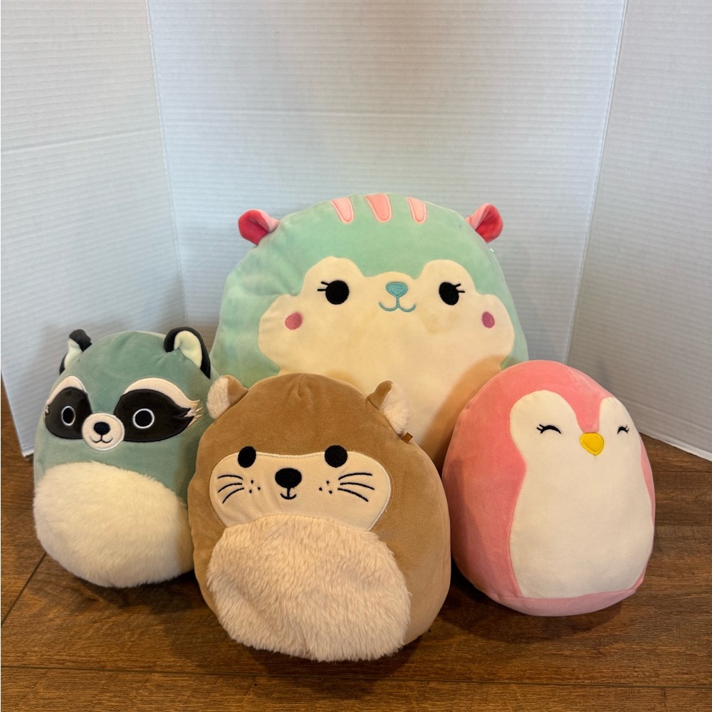 Bundle of Squishmallows Woodland Animals Set of 4 Squirrel Raccoon Penguin